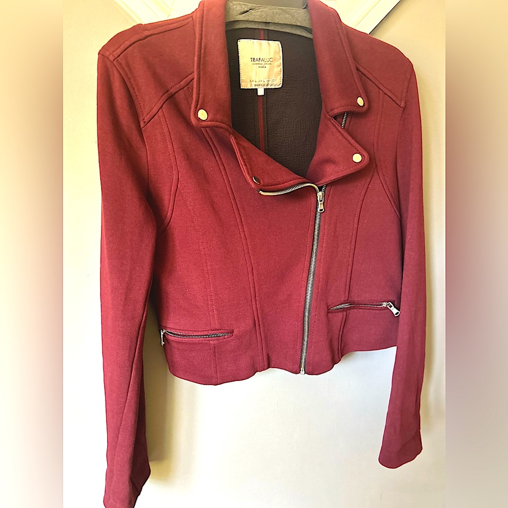 Zara Burgundy Moto Cropped Jacket